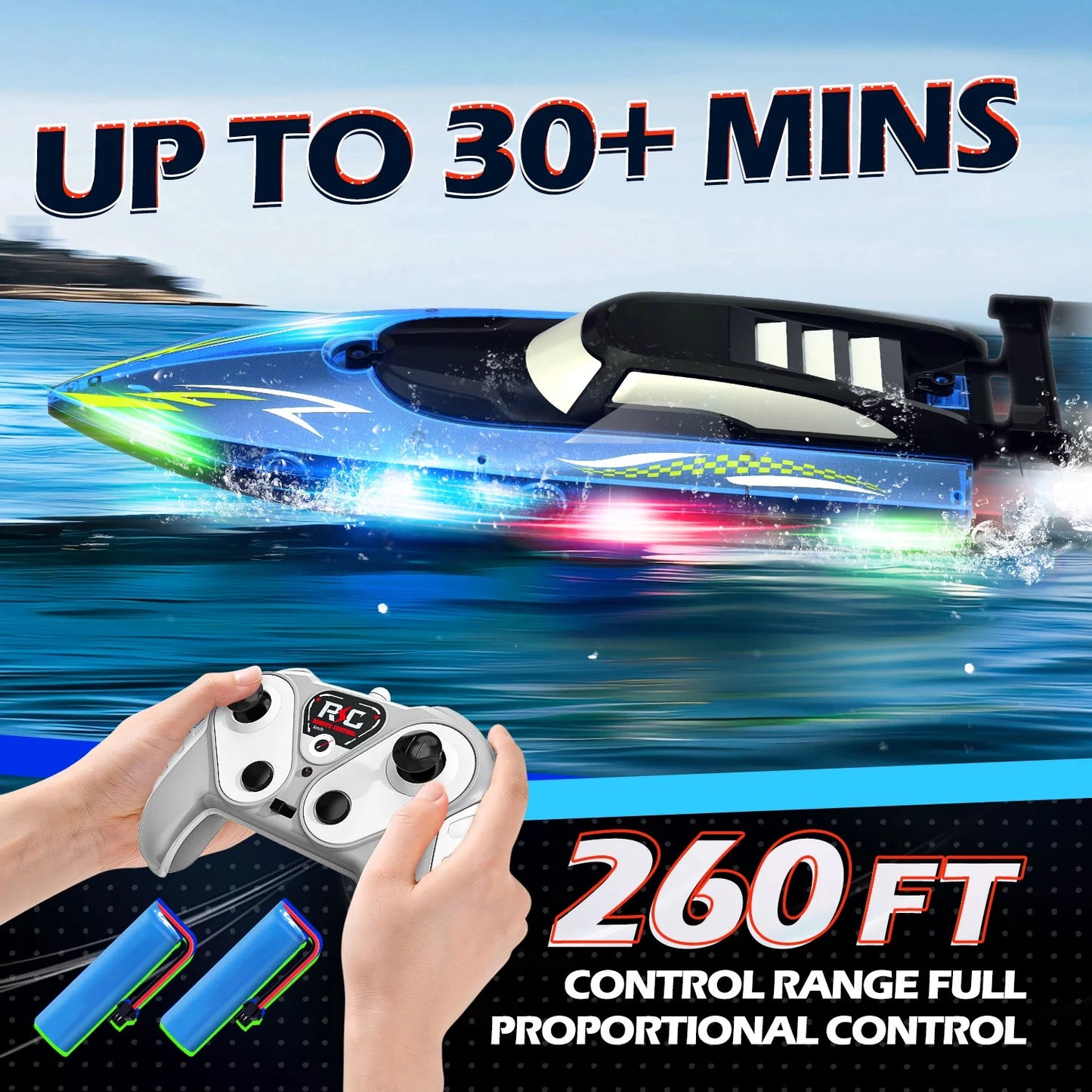 JoyStone RC Boat with LED Lights for Adults and Kids - 2.4Ghz Remote Control Boat for Pool and Lakes, 360°Flip Stunt Racing Boats, Gifts for 8-12 Boys Girls(Blue)