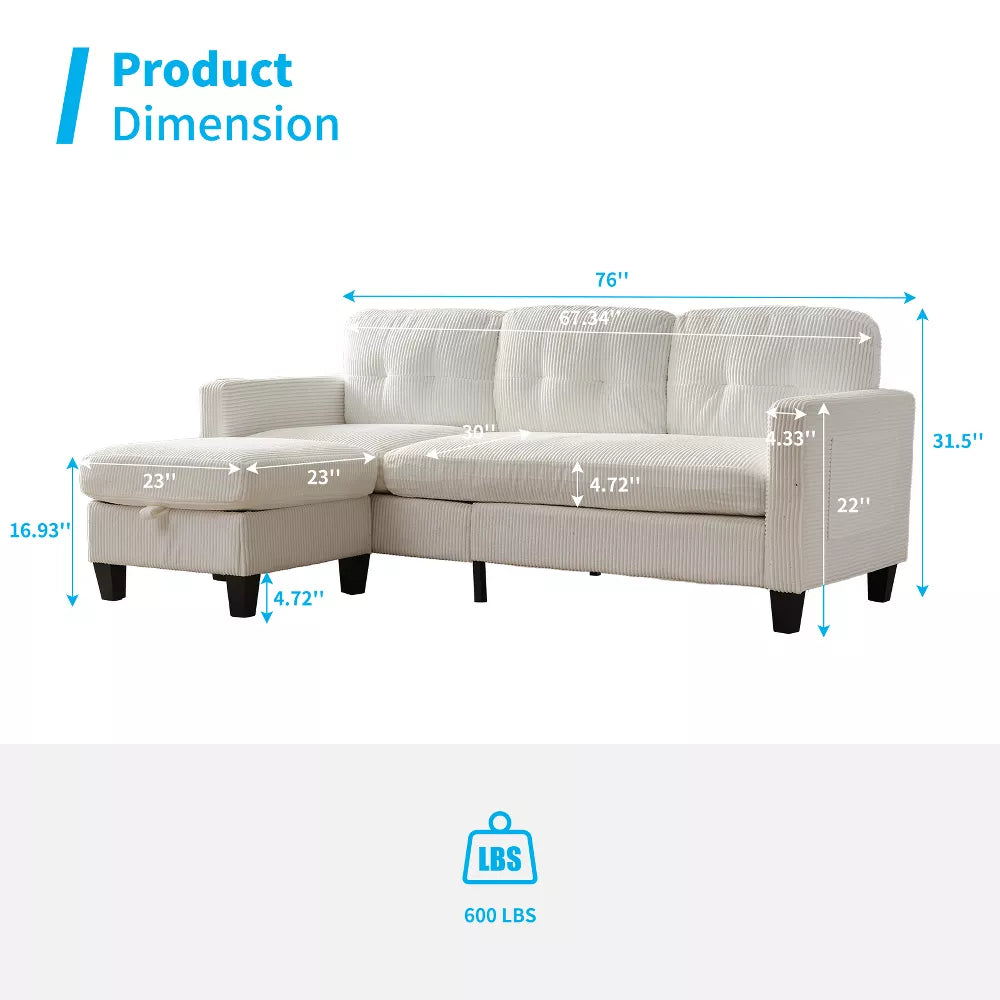 Mjkone 76" Convertible L-Shaped Sectional Sofa with Storage Ottoman | Corduroy 3-Seater Couch for Living Room/Office - Comfortable&Space-Saving