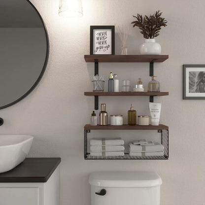 Floating Shelves, 3 Set Wall Mounted Wood Bathroom Shelves with Wire Storage Basket & Hooks, Farmhouse Floating Shelf Bathroom Accessories for Bedroom, Living Room, Kitchen, Bathroom Decor – Brown