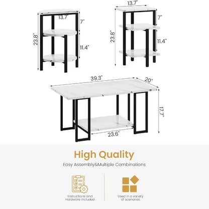 Hooseng 3 Pieces Coffee Table Set, Living Room Coffee Table with 2 End Side Tables Set and Metal Frame, Living Room Table Set