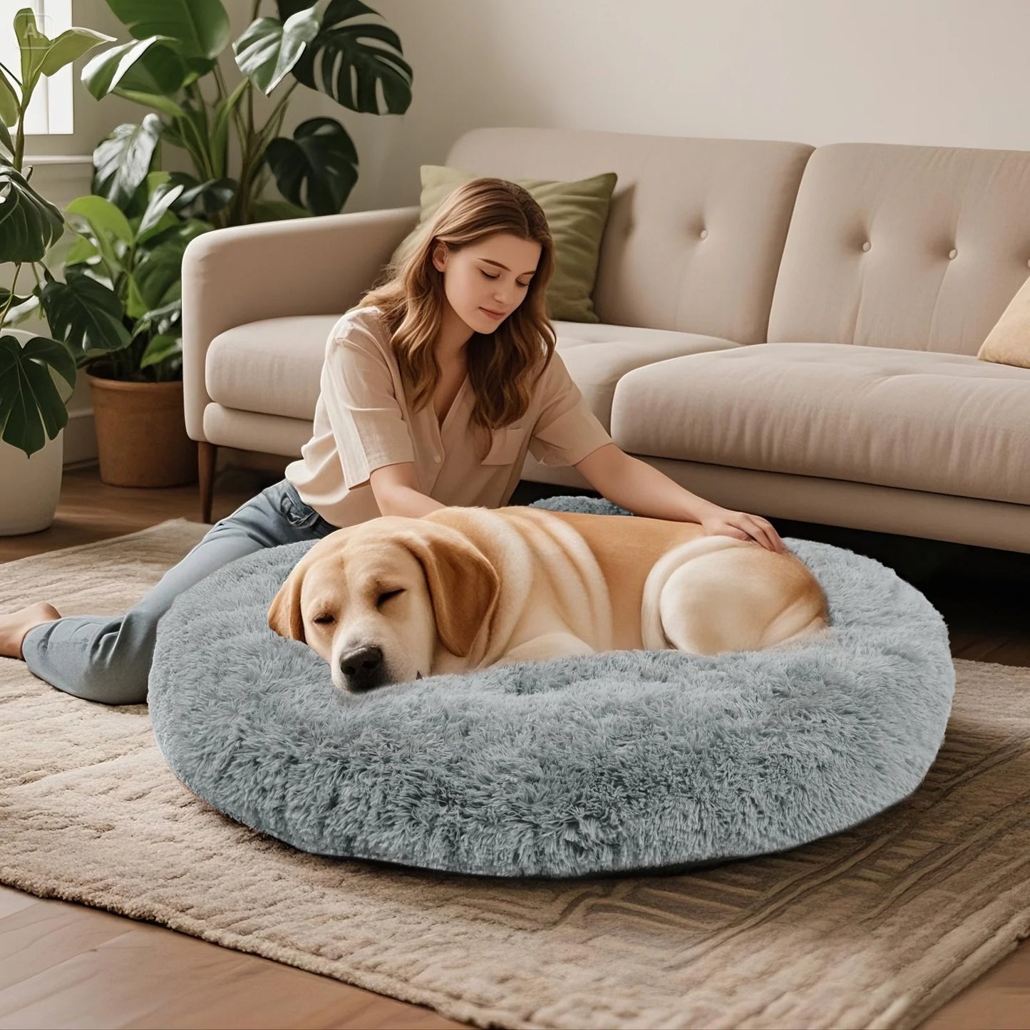 Katieovy Dog Bed for Large Dogs,Fluffy Calming Donut Dog Beds,28 inch Washable Plush Round Dog Mat with Non-Slip Bottom,Gray