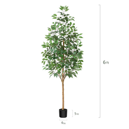 6 ft Realistic Artificial Ficus Tree in Pot, Natural Trunk, Lush Leaves, Lifelike Faux Tree