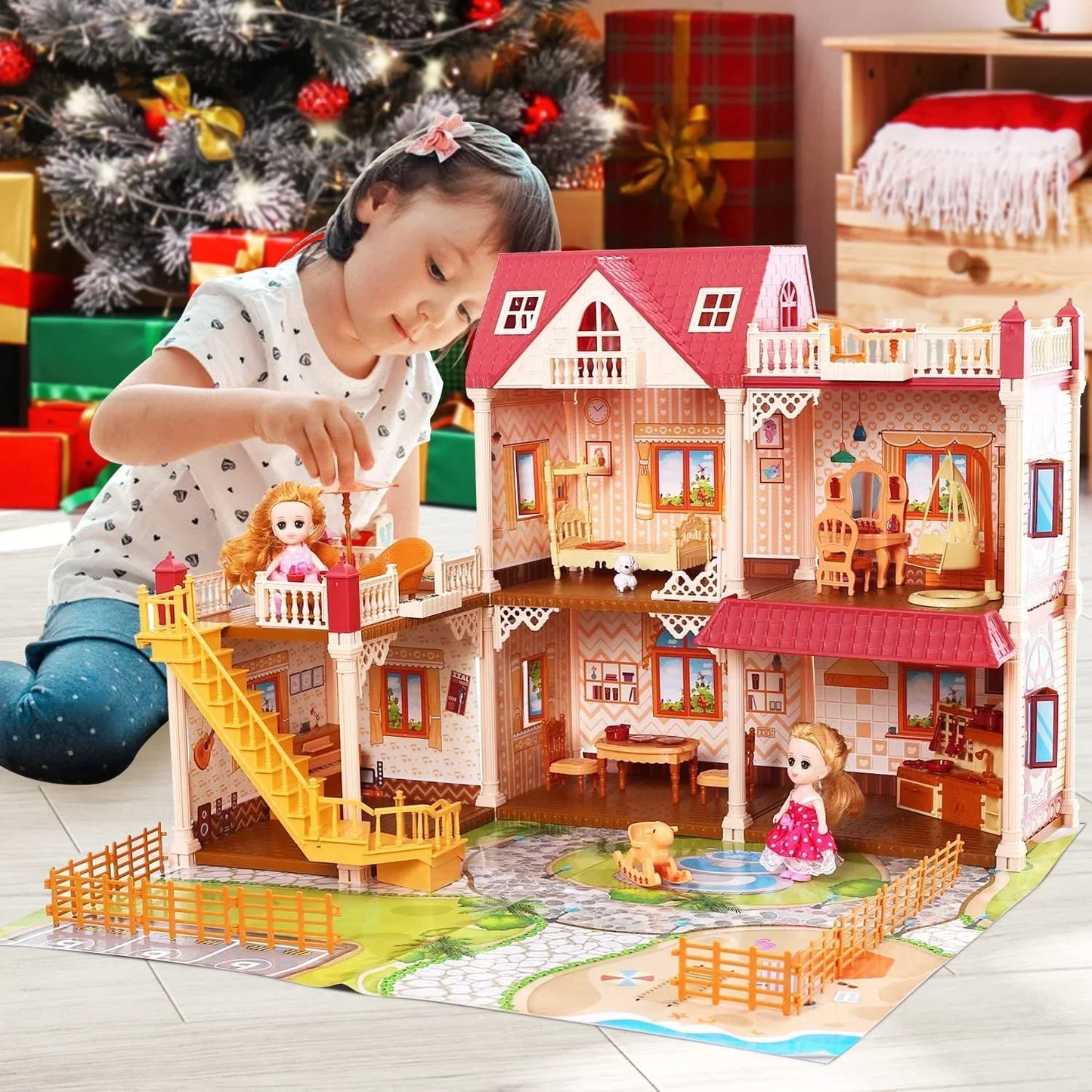 JoyStone 5 Rooms DollHouse, Huge Dollhouse Playset with LED Lights, Dolls, Furnitures, Accessories with Play Mat DIY Pretend Play Toys Gifts for Kids