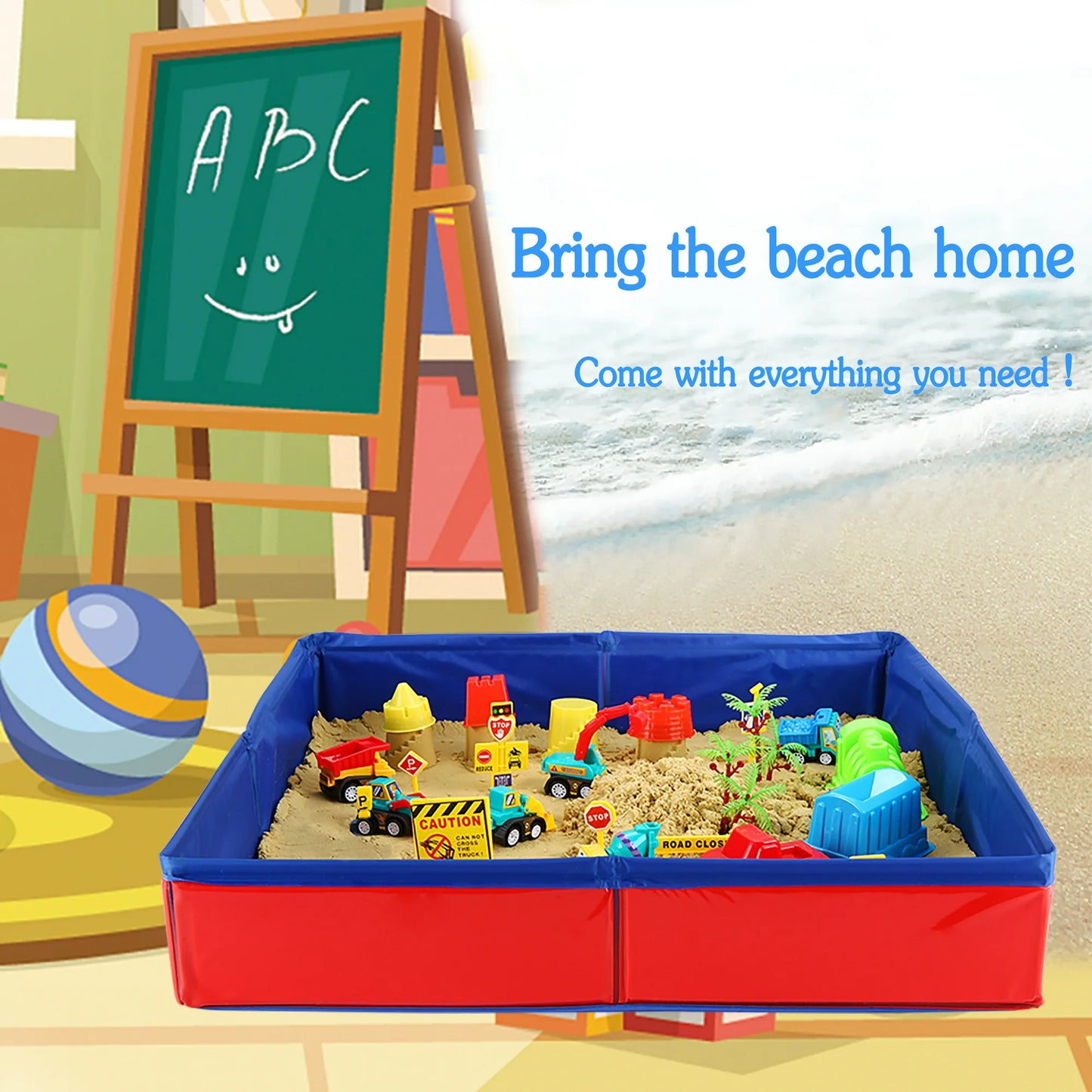 CROSOFMI Play Construction Sand Kit - Foldable Sandbox with 2lbs Sand, 6 Mini Trucks, 10 Road Signs and Modeling Tools - Perfect Gift for Kids Ages 3+