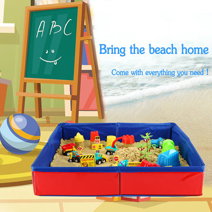 CROSOFMI Play Construction Sand Kit - Foldable Sandbox with 2lbs Sand, 6 Mini Trucks, 10 Road Signs and Modeling Tools - Perfect Gift for Kids Ages 3+