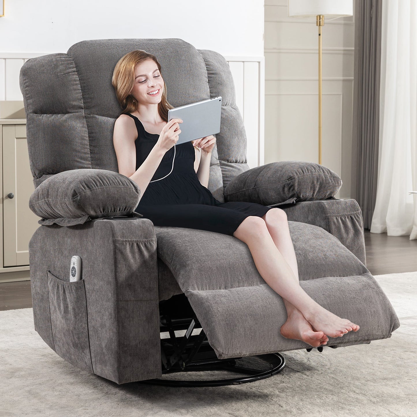 Swivel Recliner Chair with Massage and Heat, UHOMEPRO Manual Nursery Rocking Chair Single Sofa with USB, 2 Cup Holders, Living Room Lounge Chair with Side Pockets, Solid Wood Frame, Gray