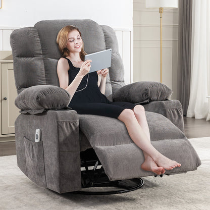 Swivel Recliner Chair with Massage and Heat, UHOMEPRO Manual Nursery Rocking Chair Single Sofa with USB, 2 Cup Holders, Living Room Lounge Chair with Side Pockets, Solid Wood Frame, Gray