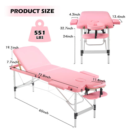 TrumanPick Massage Bed Portable Massage Tables Aluminium 3 Folding Height Adjustable Facial Salon Tattoo Bed with Non-Woven Bag, 24 inch Width Pink
