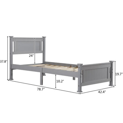 Ktaxon Twin Bed Frame,Solid Pine Wood Twin Platform Bed Frame, Bedroom Twin Bed with Headboard for Adults, Gray, 75.04"L*38.98"W*37.8"H