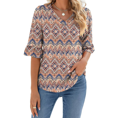UVN Tunic Blouses for Womens Floral Print Tops Summer V-Neck 3/4 Ruffle Sleeve Blouse