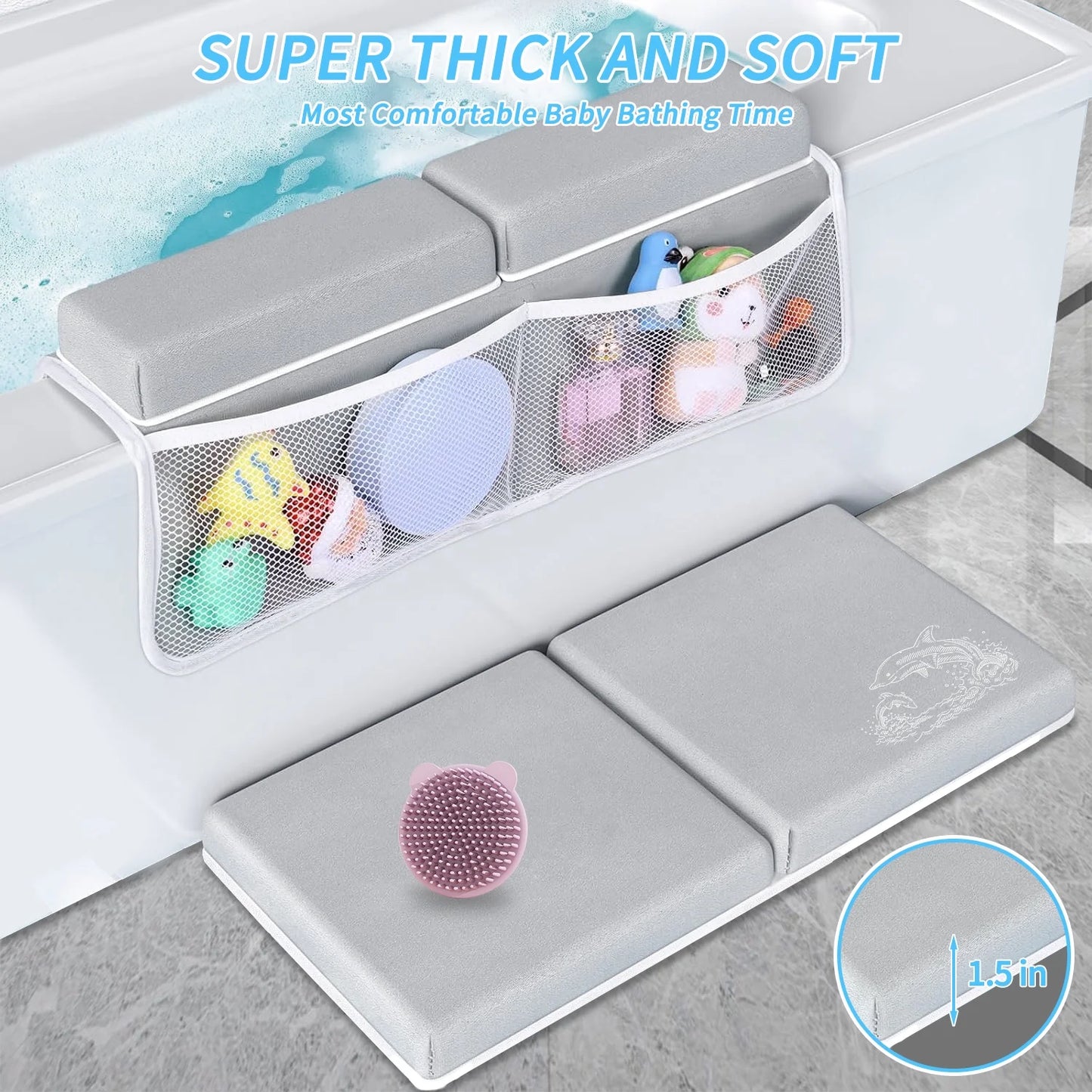 Baby Bath Kneeler and Elbow Rest Pad Set, Foldable Bath Kneeling Pad with Baby HeadBrush, 3 Baby Bath Toys Organizer, Foldable, Non-Slip Foam Mat for Bathing Baby, Gray