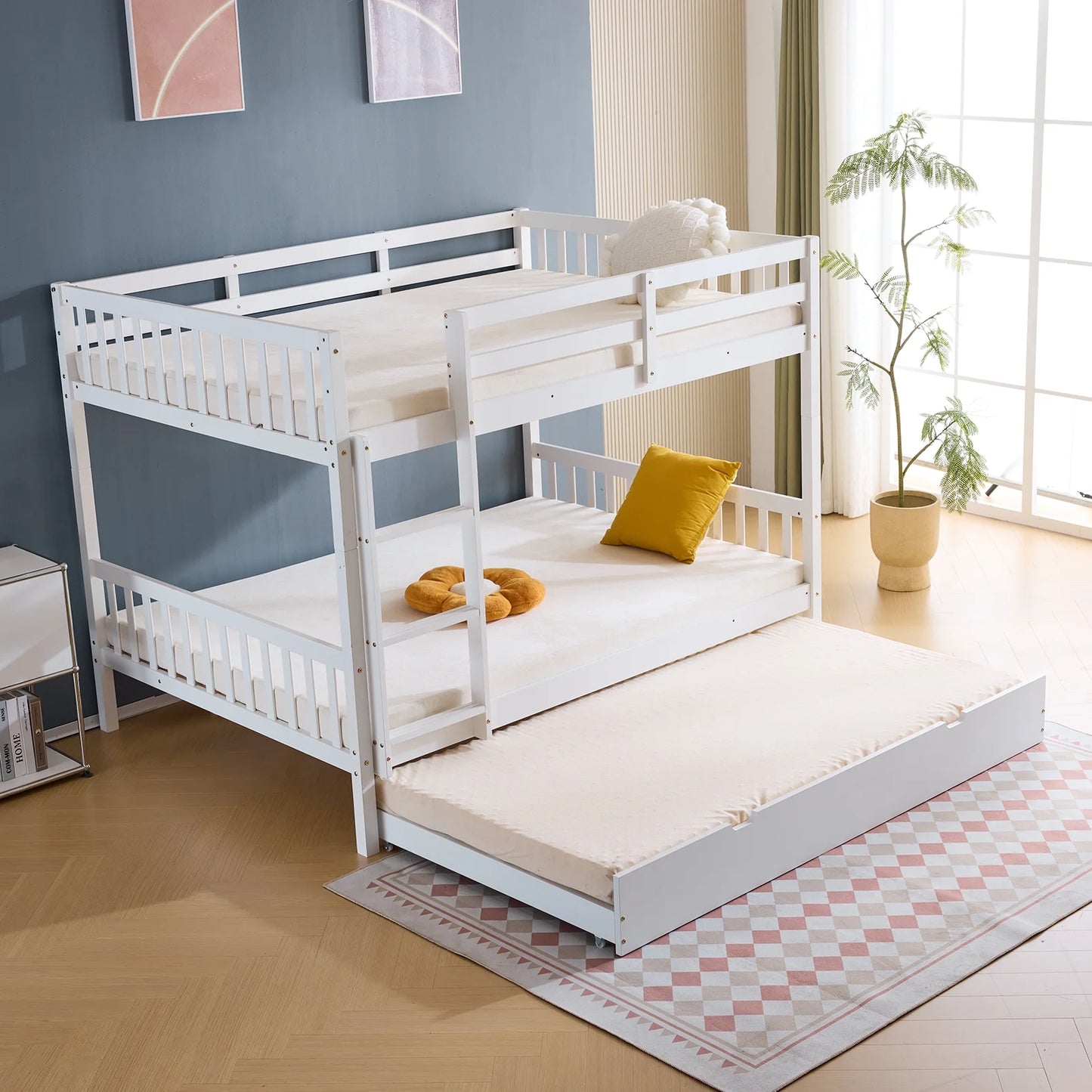 Ktaxon Wood Full over Full Bunk Bed with Trundle for Kids & Adults Bedroom, White