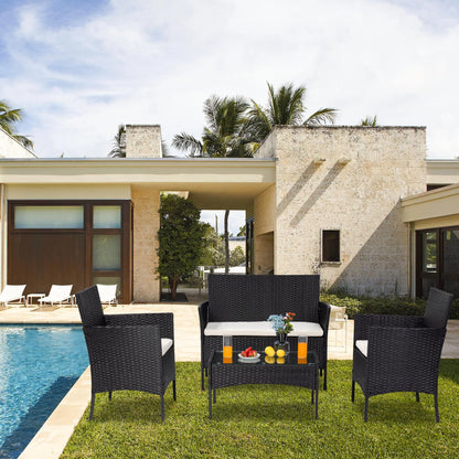 4 Pieces Outdoor Wicker Conversation Set, All-Weather Rattan Patio Furniture Sets with Arm Chairs, Tempered Glass Tabletop and Cushions, Sectional Sofa Set for Backyard, Garden, Poolside