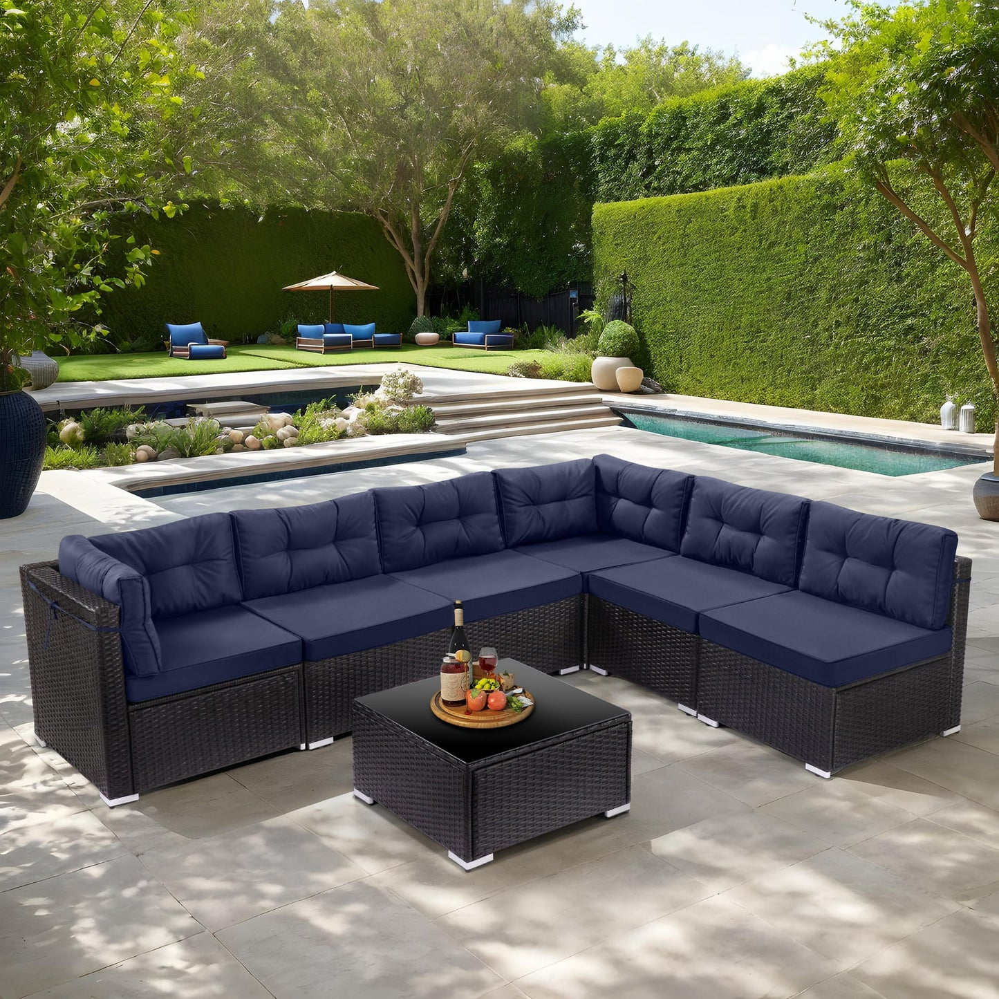 Patio Outdoor Furniture Sets, 7 Pieces All-Weather Rattan Sectional Sofa with Tea Table & Cushions, PE Rattan Wicker Sofa Couch Conversation Set for Garden Backyard Poolside