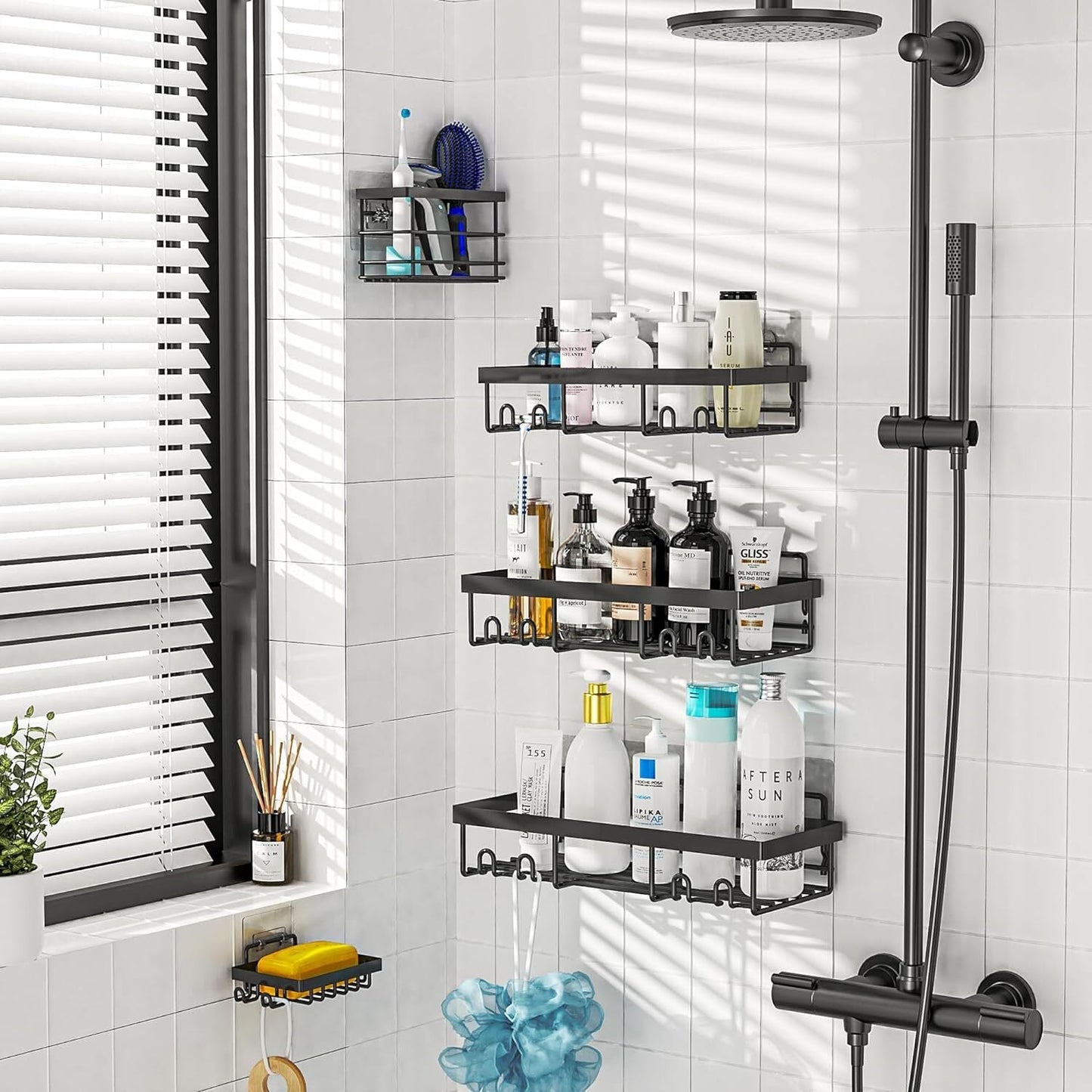 Adhesive Shower Caddy Organizer Shelves Rack - 5 Pack Corner Bathroom Storage Organization, Home & Kitchen Decor Inside RV Accessories, Hanging First Apartment Household Camper Essentials