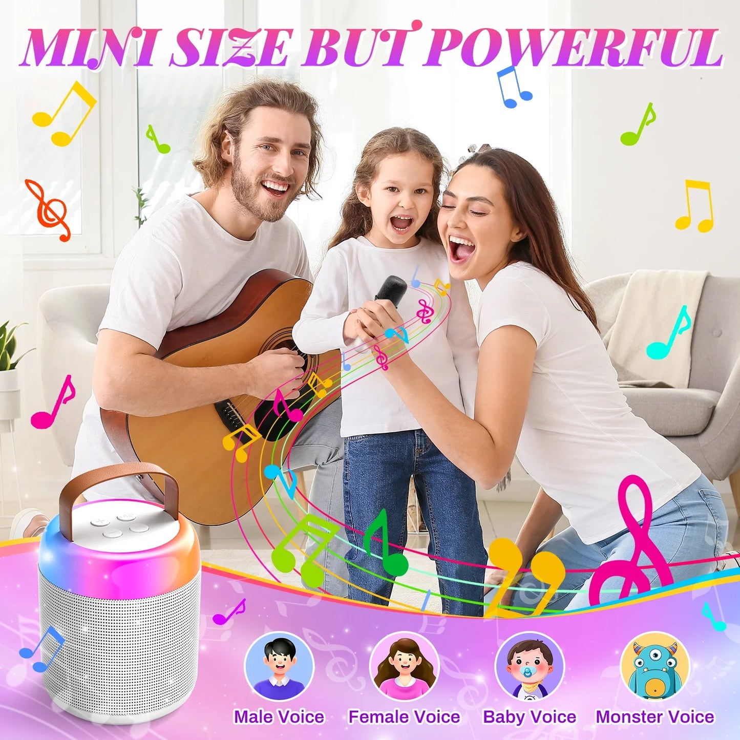 JoyStone Karaoke Machine with 2 Wireless Microphones Portable Bluetooth 5.3 Speaker Led Lights for Kids, Karaoke Toys Gifts for Girls 4-10 Year Old Christmas Party, White