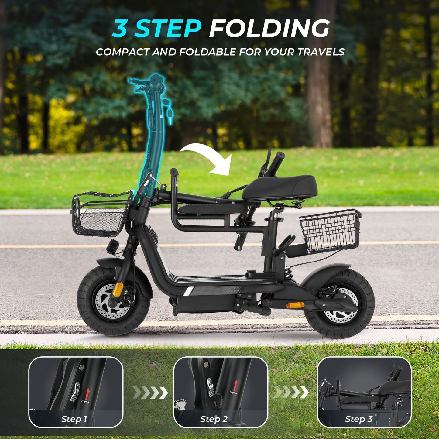 Skeri Electric Scooter with Seat for Adults, Foldable Electric Bike with Removeable Middle Seat, 750W Motor 20MPH 25 Mile Distance, Yellow
