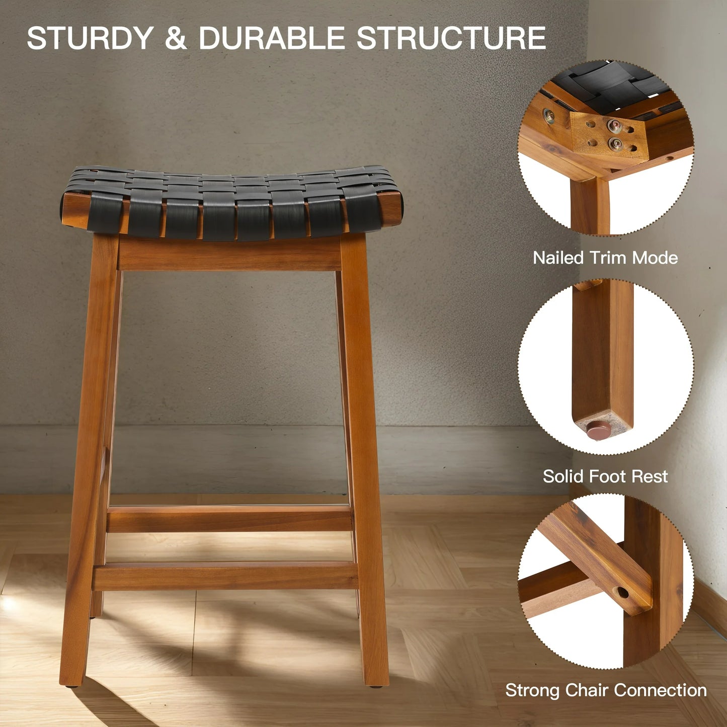 Counter Height Woven Saddle Bar Stool Set of 2 PU Leather Barstools for Kitchen Island, Outdoor Patio Dining Chair