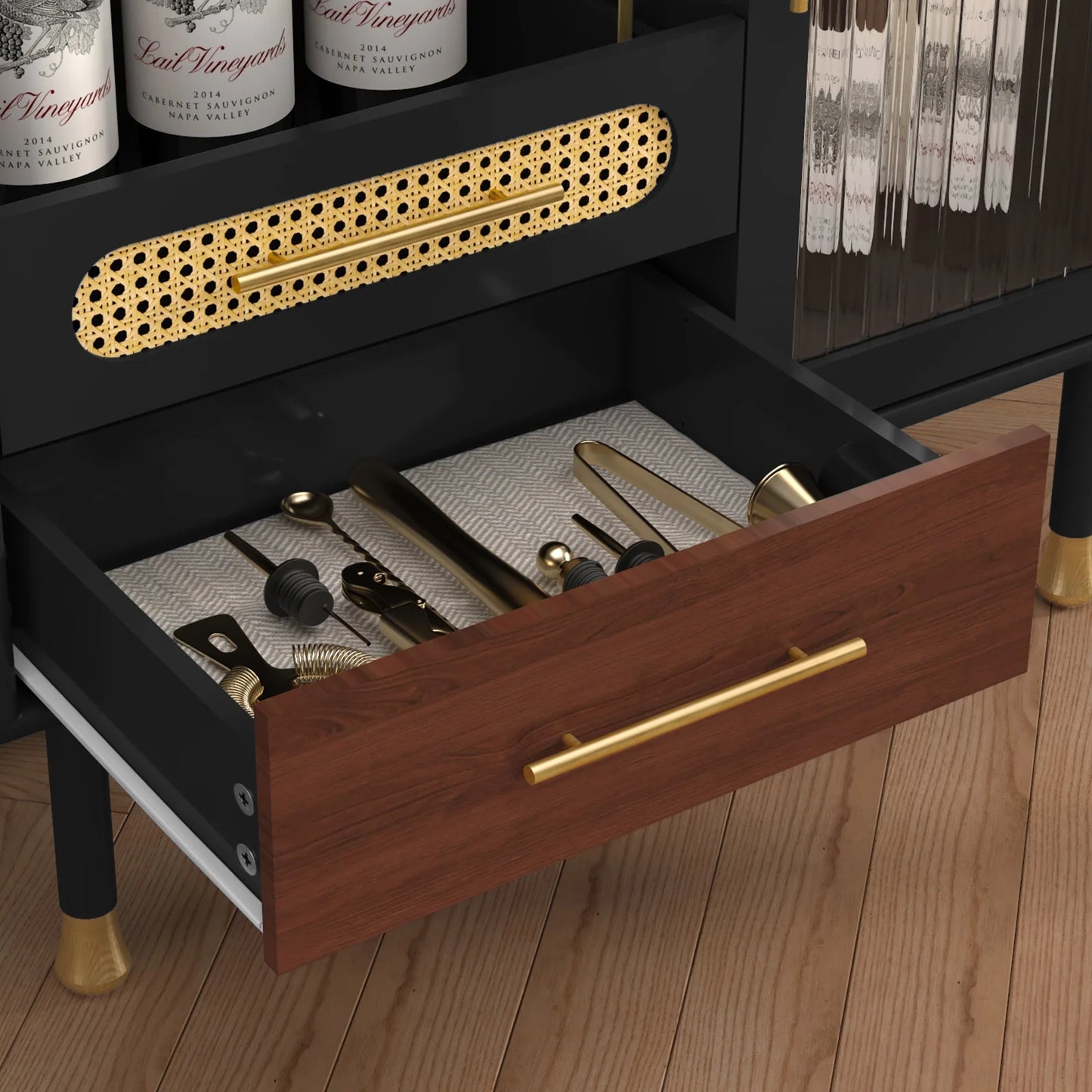 CBJCBJ Wine Bar Cabinet, Modern Coffee Cabinet with 3 Rows of Glass Racks, Sideboard Cabinet, Black