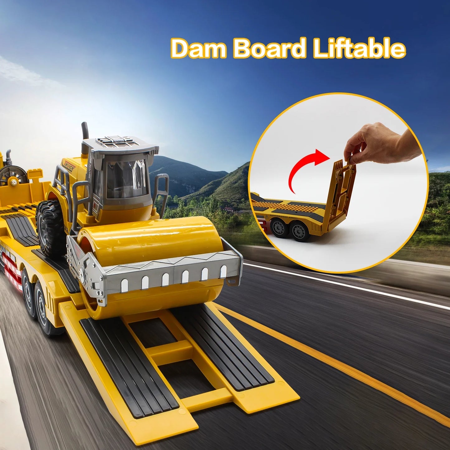 RC Semi Truck with Trailer, 1:24 Semi-Trailer Engineering Tractor with Road Roller Toys, 2.4GRemote Control Flatbed Truck with with LED Lights & Music, Construction Vehicles Toy for Boys
