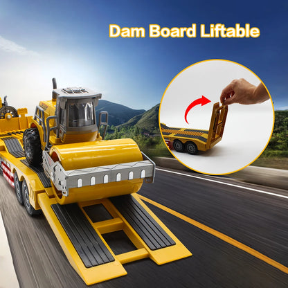 RC Semi Truck with Trailer, 1:24 Semi-Trailer Engineering Tractor with Road Roller Toys, 2.4GRemote Control Flatbed Truck with with LED Lights & Music, Construction Vehicles Toy for Boys