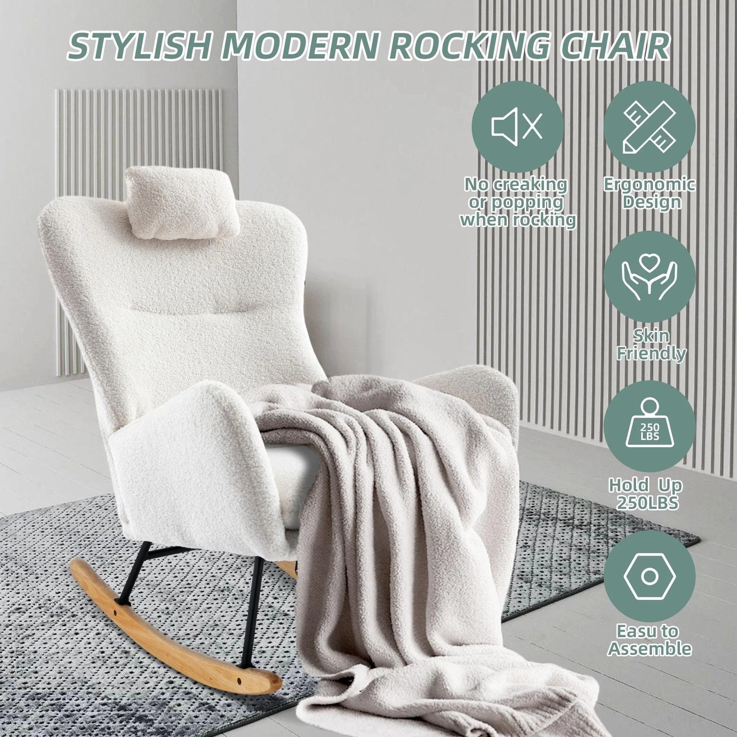 PAPROOS Modern Teddy Fabric Rocking Chair, Accent Rocker Chair with High Backrest for Nursery, Accent Glider Rocker for Living Room Bedroom Playroom，White