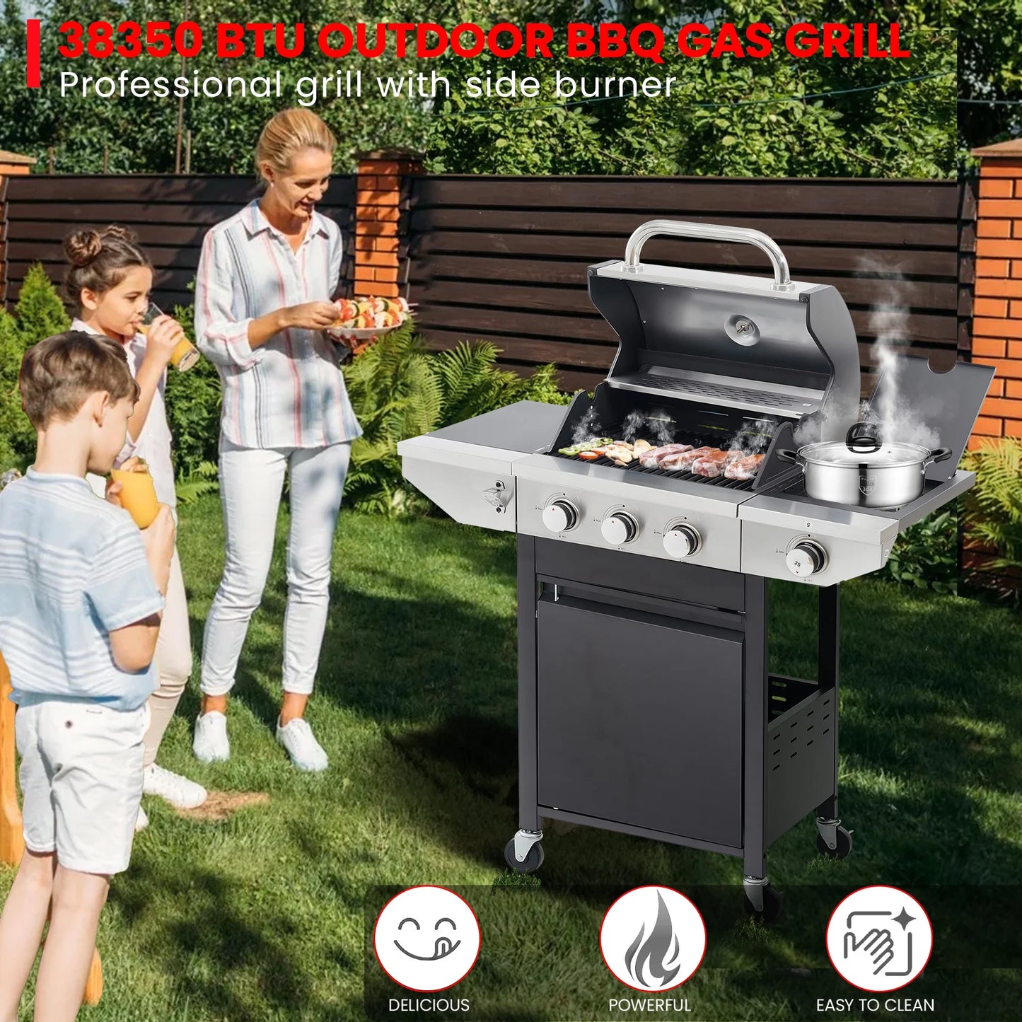 Seizeen Powerful Gas Grill with Side Burner, 37,000BTU 3 Burner Propane Grill w/Brush, Stainless Steel Outdoor BBQ for Backyard Patio