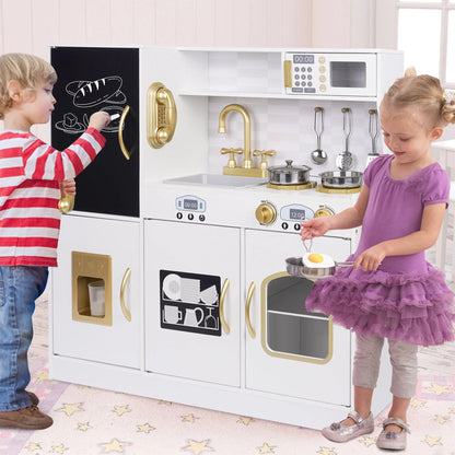 COCLUB Toddler Play Kitchen, Wooden Play Kitchen Toy Set Gift for Ages 1-3 with Telephone, Utensils, Oven, Microwave, Ice Maker - White