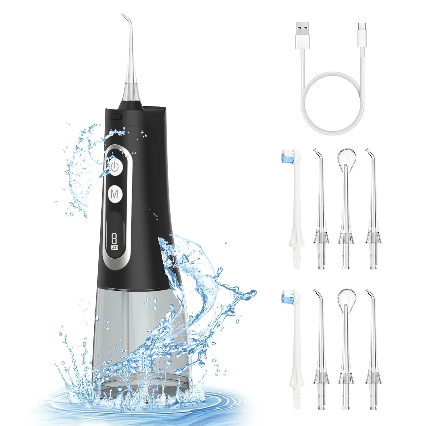 Cordless Water Flosser, Portable Dental Teeth Cleaner, 310ML Tank USB Rechargeable Dental Oral Irrigator for Home and Travel, 4 Modes 8 Jet Tips, IPX7 Waterproof, Easy-to-Clean（Black）