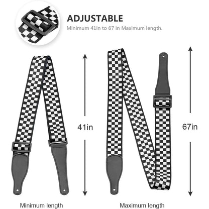 Bass Guitar Strap, Guitar Strap, Electric and Acoustic Guitar Straps - Durable Nylon Checkered Guitar Shoulder Strap with Leather Ends (Black and White Checkered)