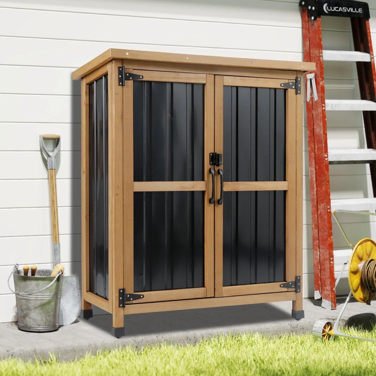PETSCOSSET Outdoor Storage Cabinet Wood & Metal Small Storage Shed Waterproof Roof, Double Lockable Doors Garden Shed with Removable Shelves for Patio, Garden
