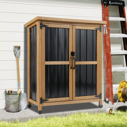 PETSCOSSET Outdoor Storage Cabinet Wood & Metal Small Storage Shed Waterproof Roof, Double Lockable Doors Garden Shed with Removable Shelves for Patio, Garden
