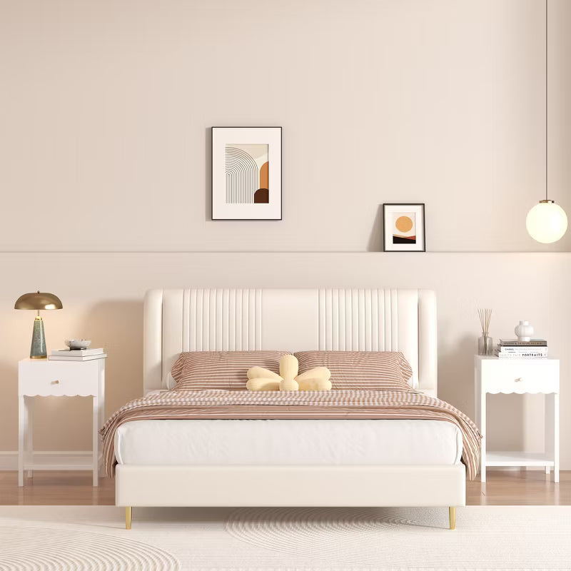 Modern White Nightstand with Scalloped Edge – 2-Tier Bedside Table with Drawer and Open Shelf, Cute Minimalist Storage for Girls' Room & Bedroom