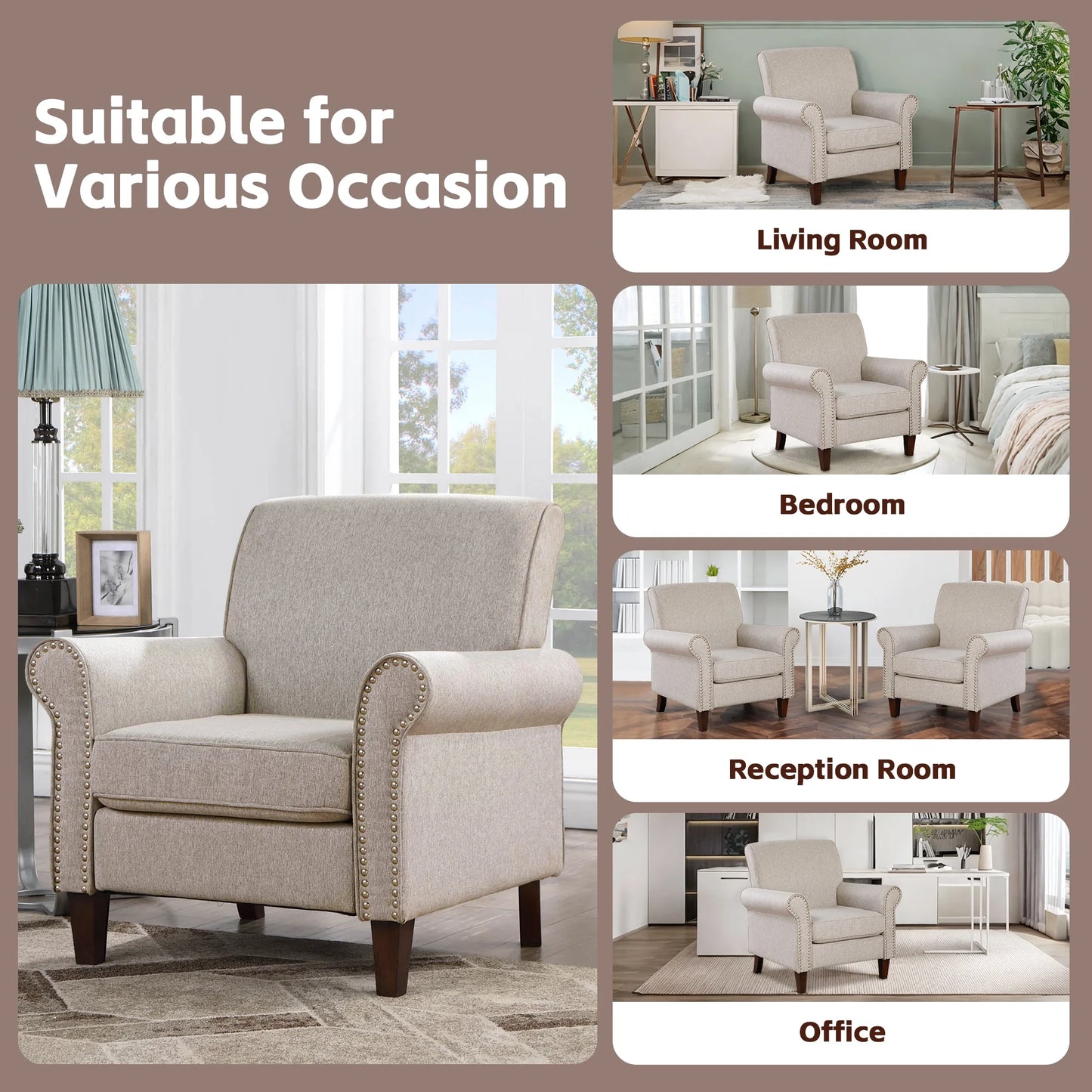 TrumanPick Linen Accent Chairs Upholstered Armchair with Nail-Head Trim Cozy Arm Chair for Living Room Bedroom,Beige