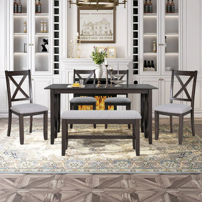 Churanty Farmhouse Dining Table Set for 6, Kitchen Foldable Dining Table with 4 Upholstered Chairs and Bench, Espresso