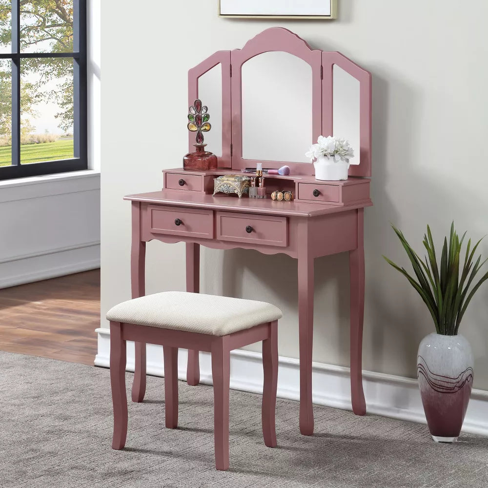 NicBex Wooden Vanity Make Up Table and Upholstered Stool Set with 3-panel Beveled Mirror for Bedroom