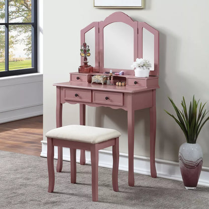 NicBex Wooden Vanity Make Up Table and Upholstered Stool Set with 3-panel Beveled Mirror for Bedroom