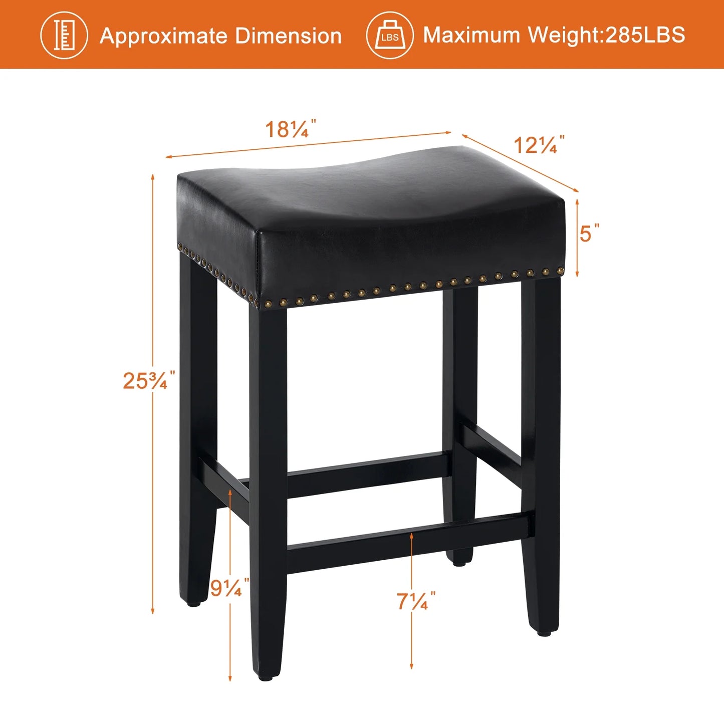 Furniliving Modern Backless Counter Stool Rubber Wood Saddle Seat Stool Kitchen Counter Bar Stool,Set of 2,Black