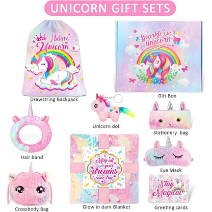 SRIZIAN Unicorn Gift Set for Girls Age 3 to 12, Christmas Birthday Festival Gifts for Girls, Glow in Dark Blanket Satchel Headband Eyeshade Pen Bag Drawstring Bag Unicorn Pendant Greeting Card Set