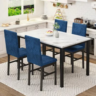 Hooseng 5 Pieces Kitchen Table And Chairs Set, Dining Table Set for 4, Rectangular Dining Table Set with Four Upholstered Chairs And Faux Marble Top