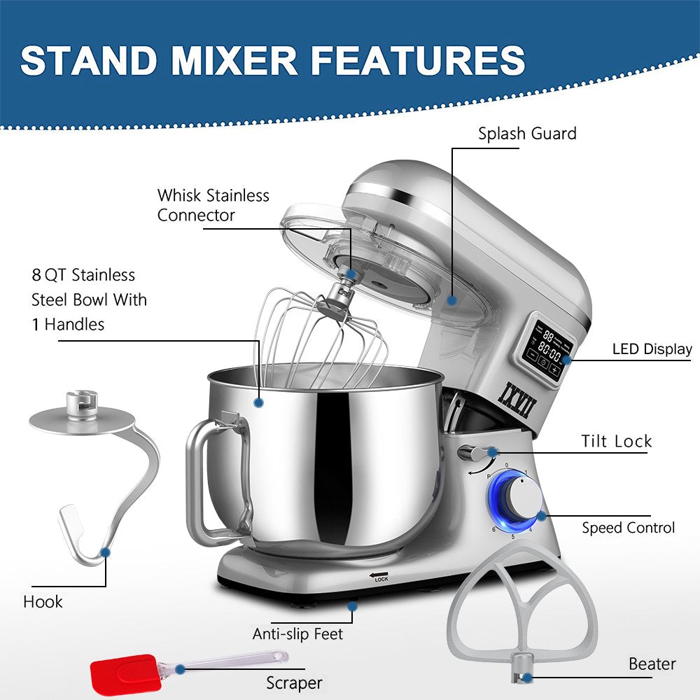 uhomepro 7.5 QT Stand Mixer for Kitchen, 6+0+P-Speed Tilt-Head 660W Dough Mixer, Home Commercial Mixing Electric Kitchen Cake Mixer W/ Dough Hook, Beater, Egg Whisk, Spatula, Dishwasher Safe, White