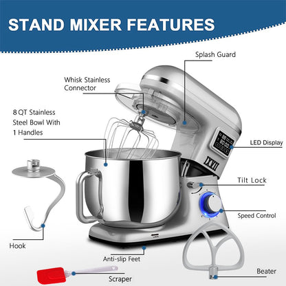 uhomepro 7.5 QT Stand Mixer for Kitchen, 6+0+P-Speed Tilt-Head 660W Dough Mixer, Home Commercial Mixing Electric Kitchen Cake Mixer W/ Dough Hook, Beater, Egg Whisk, Spatula, Dishwasher Safe, White