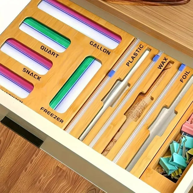 9 in 1 Storage Bag Organizer For Kitchen Drawer Combo, Bamboo Foil And Plastic Wrap With Cutter, Organizers Compatible Gallon, Quart, Sandwich Snack Size, Birthday Gifts, New Year Gift