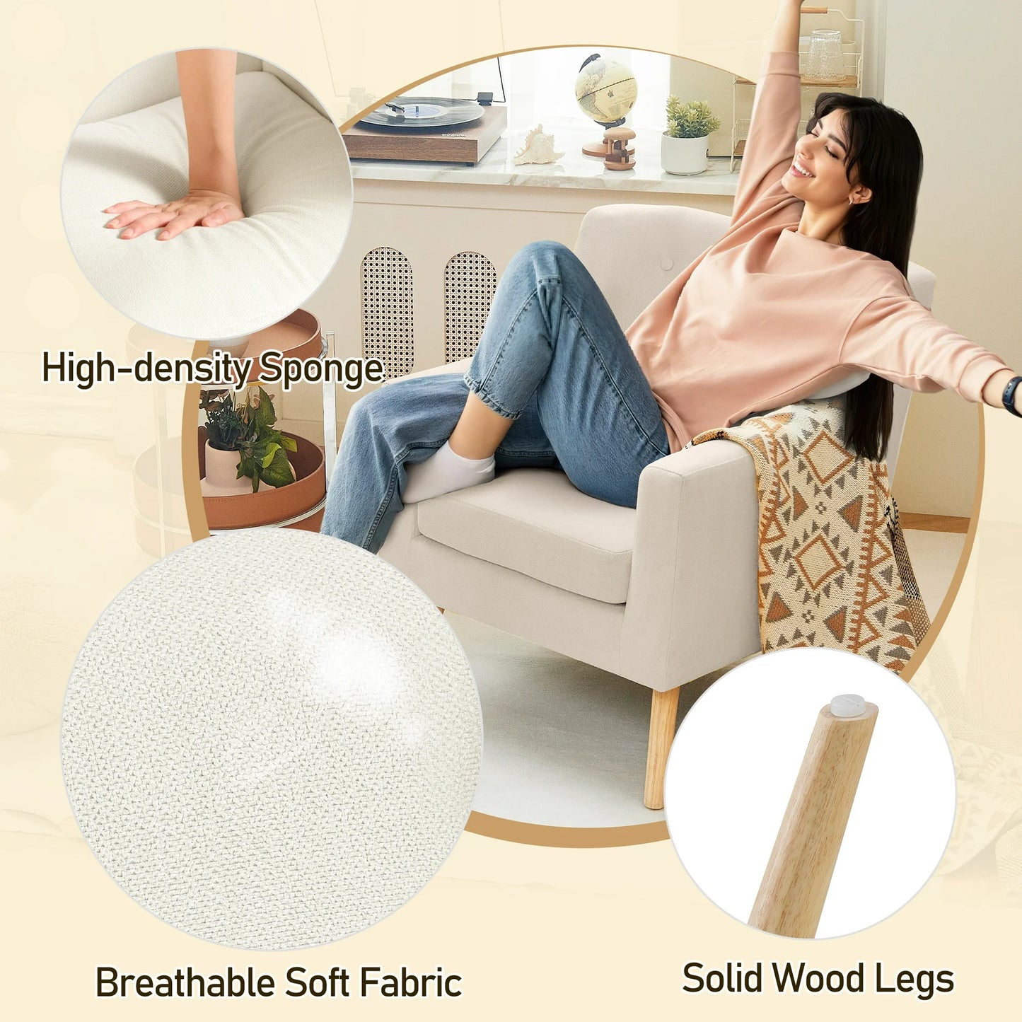 TrumanPick Accent Chair, Modern Upholstered Comfy Sofa Chairs, Fabric Mid-Century Armchair Button Tufted Lounge Chair for Living Room, Bedroom, Beige