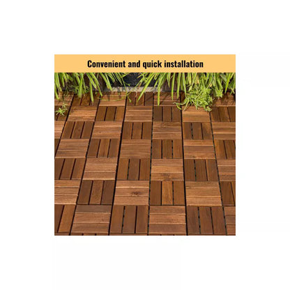 Acacia Wood Interlocking Deck Tiles - 12"x12" Brown Checker Pattern Outdoor Flooring for Patio, Balcony & Poolside