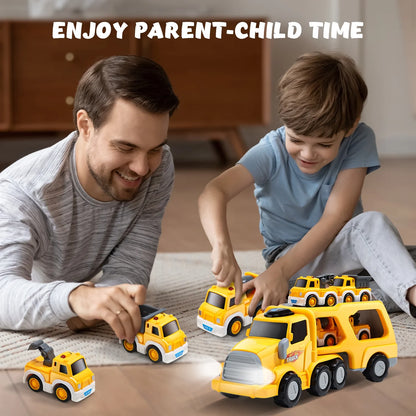 JoyStone 7 in 1 Construction Carrier Truck Transport Car Toys with Light and Sound, 6 Pull Back Cars, Vehicles Toys for Kids Age 2-6, Christmas Birthday Gifts, Yellow