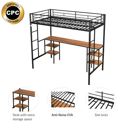 Sesslife Twin Size Loft Bed with Desk, Low Profile Loft Bed Frame with Storage Shelves, Metal Loft Bed with 2 Ladders and Safety Guardrails for Kids Teens, Noise Free, No Box Spring Needed, Black