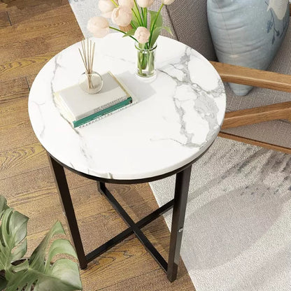 Hooseng Faux Marble Round Side Table Set of 2, 16 Inch Living Room End Table Accent Table Nightstand with Metal Frame for Bedroom, Small Spaces