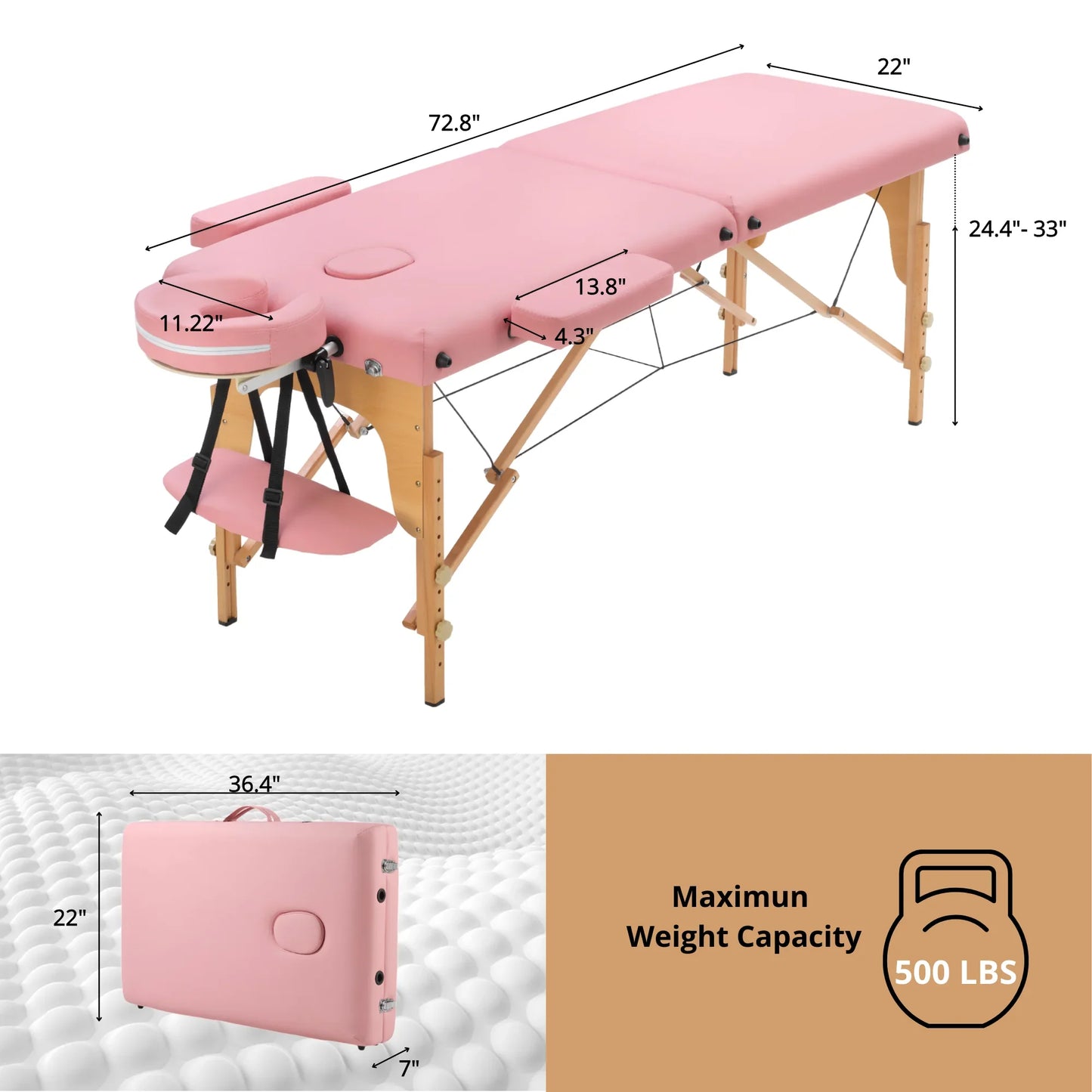 TrumanPick Massage Table Portable Lash Beds Spa Bed Massage Couch Foldable Spa Tables Adjustable 2 Fold with Non-Woven Bag 24 inch, Pink