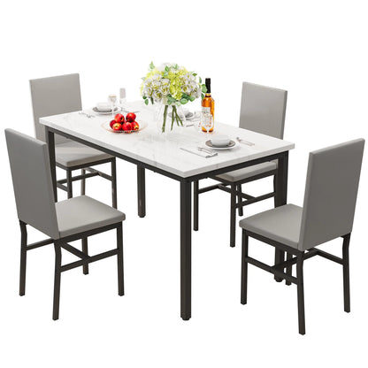 PAPROOS Dining Table Set for 4, Modern 5-Piece Kitchen Table Set with Faux Marble Top and Velvet Upholstery Chairs, Heavy Duty Dinette Sets for Breakfast Nook, Dining Room Table and Chairs, Gray
